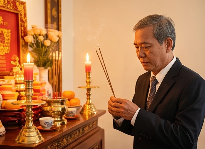 Văn khấn báo cáo gia tiên khi cưới hỏi: Bài cúng & trình tự 3 miền 2 Người cha đại diện gia đình mặc bộ vest trang trọng đang chắp tay đọc văn khấn trước bàn thờ tổ tiên