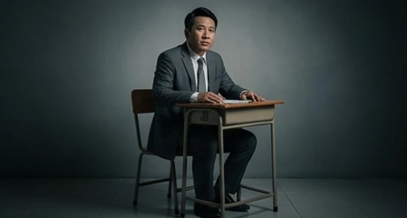 Một người trưởng thành mặc âu phục ngồi bó gối giữa hàng ghế học sinh tiểu học cũ kỹ