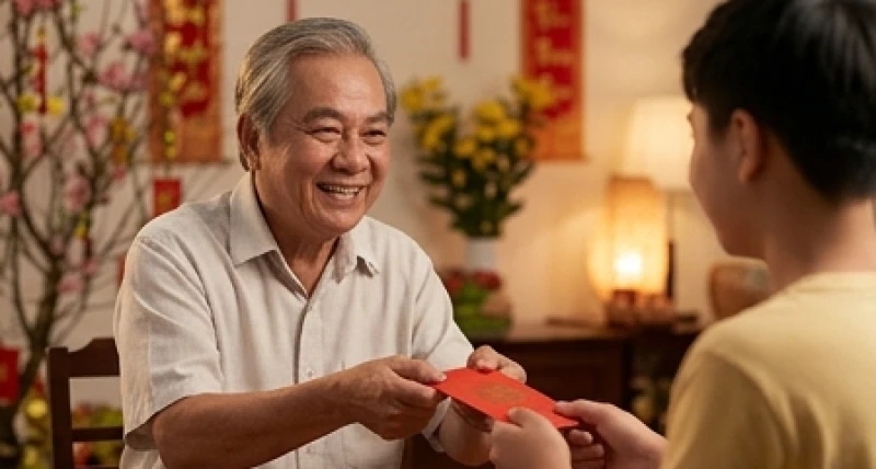 Khung cảnh ấm áp khi người lớn tuổi trao phong bao lì xì đỏ cho con cháu trong ngày Tết truyền thống