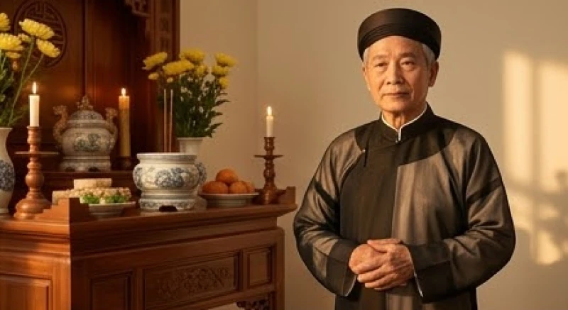Người đàn ông lớn tuổi mặc trang phục trang trọng đang thành tâm chuẩn bị lập bát hương gia tiên mới