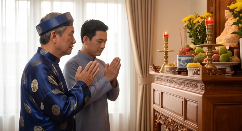 Người cha lớn tuổi trong trang phục truyền thống đang hướng dẫn con trai cách xưng hô chuẩn xác trước ban thờ