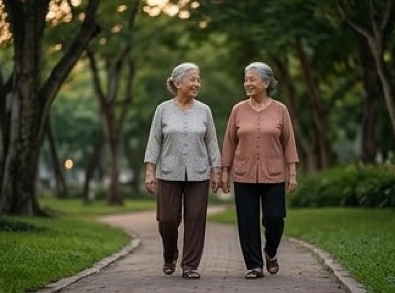 Tử vi tuổi Bính Ngọ 1966 năm 2027: Đối chiếu nam nữ và giải hạn 3 Hai người phụ nữ lớn tuổi mặc trang phục thoải mái đang đi dạo cẩn thận trong công viên vào buổi chiều