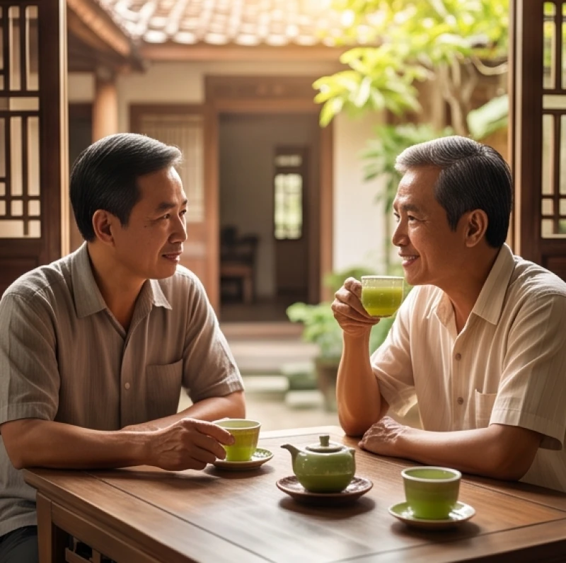 Hai người đàn ông trung niên đang ngồi uống trà và bàn bạc công việc trên chiếc bàn gỗ
