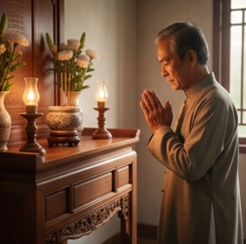 Người đàn ông lớn tuổi mặc áo dài truyền thống đang chắp tay thành kính trước bàn thờ gia tiên