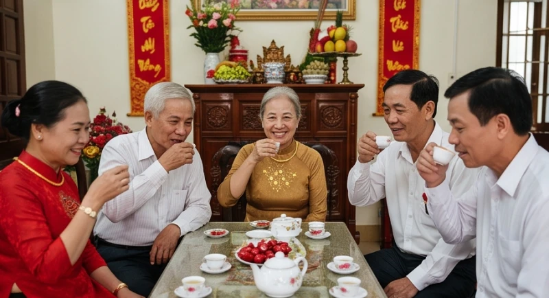 Đám cưới gặp đám ma là điềm gì: Cách nhường đường & hóa giải 7 Những người lớn tuổi trong gia đình hai họ nở nụ cười hiền hậu và vui vẻ uống trà trong lễ gia tiên