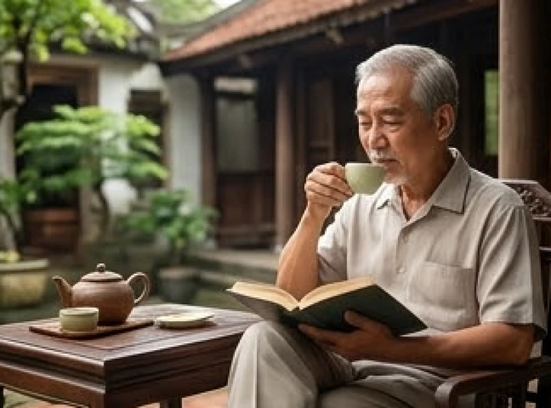 Người đàn ông lớn tuổi an nhàn thưởng trà và đọc sách trong không gian yên bình