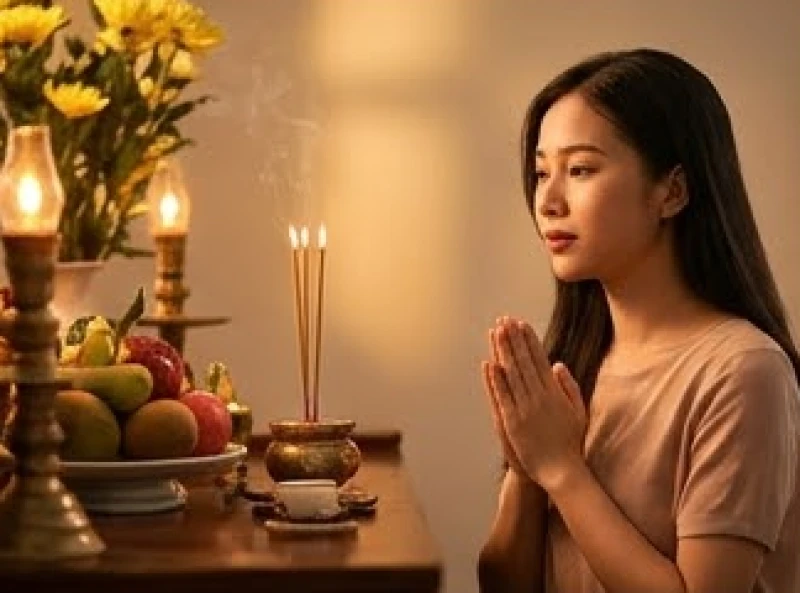 Người con gái mồ côi thành tâm chắp tay đứng trước linh án cúng giỗ cha mẹ với lòng hiếu kính dâng trào