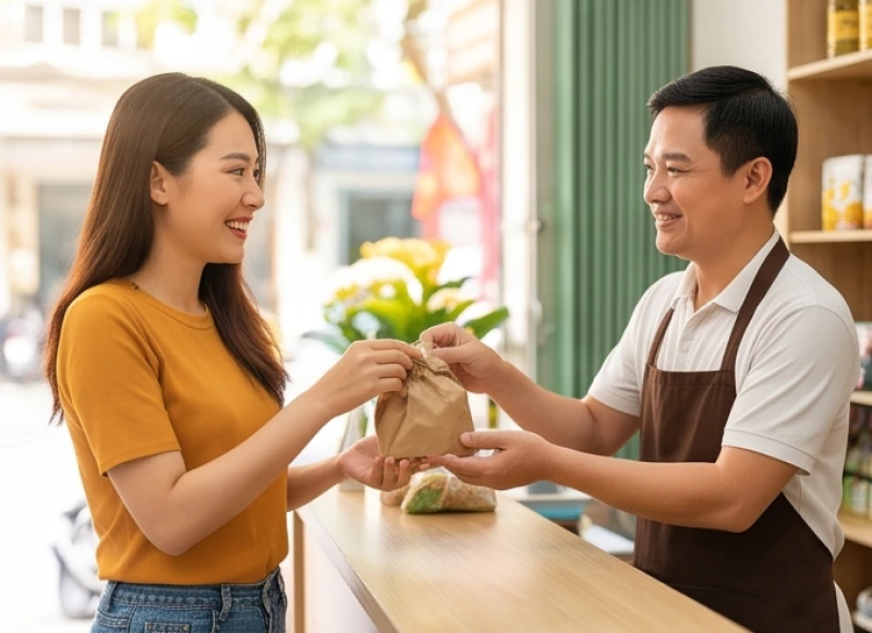 Vị khách hàng tươi cười nhận món đồ đầu tiên từ tay chủ quán