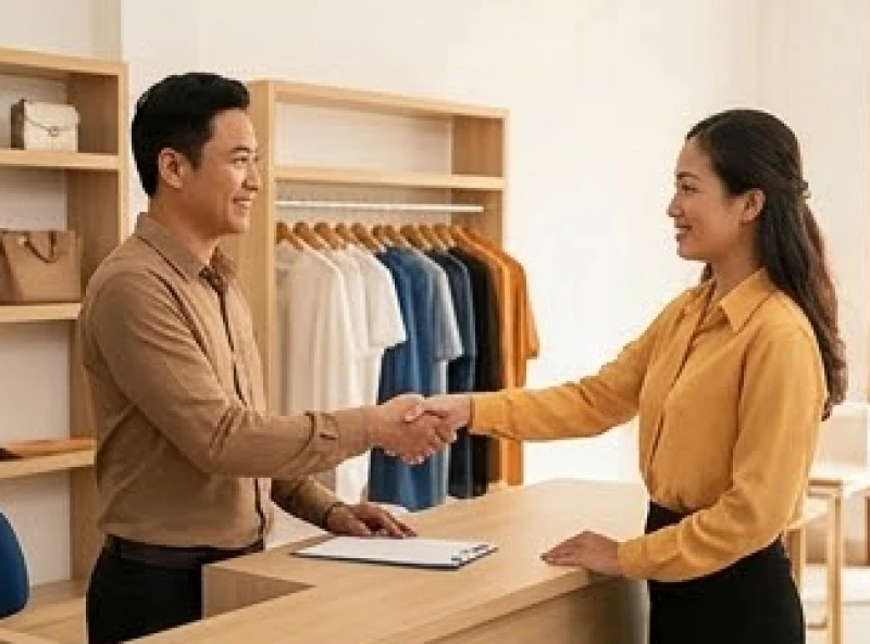 Hai người đang vui vẻ bắt tay giao dịch tại quầy thu ngân trong ngày đầu tiên mở cửa hàng