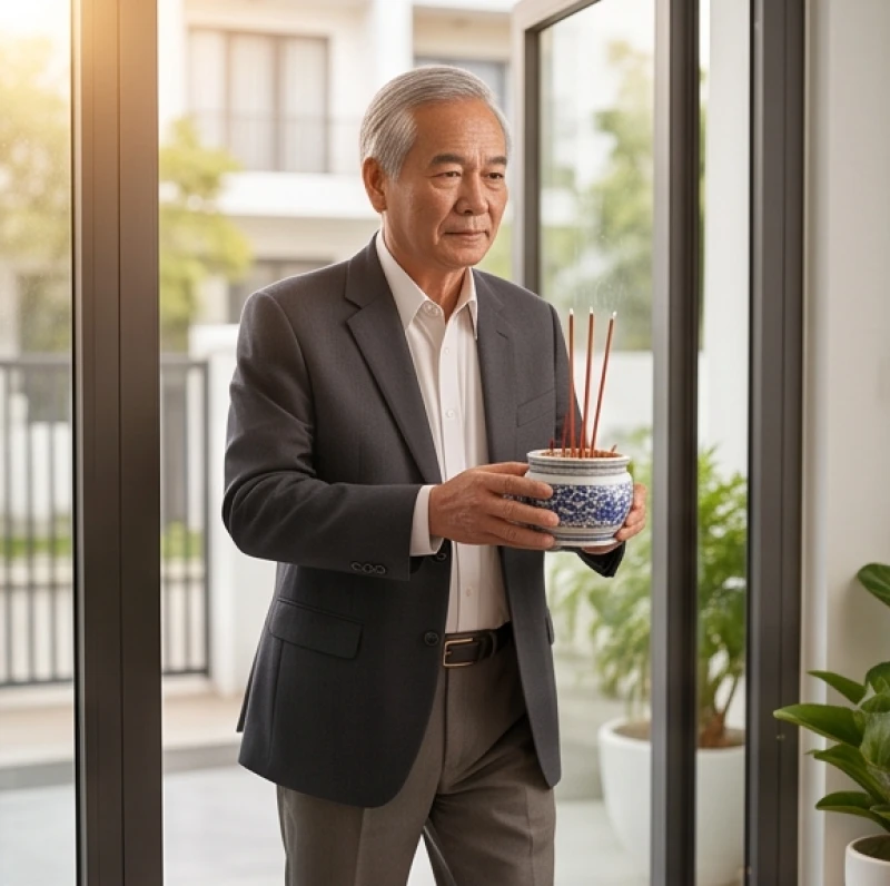 Người mượn tuổi bưng bát hương Thần linh bước vào nhà đầu tiên để làm lễ nhập trạch