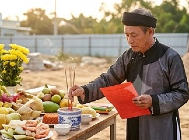 Người mượn tuổi đại diện gia chủ đang thắp nhang và làm lễ tại khu đất thi công