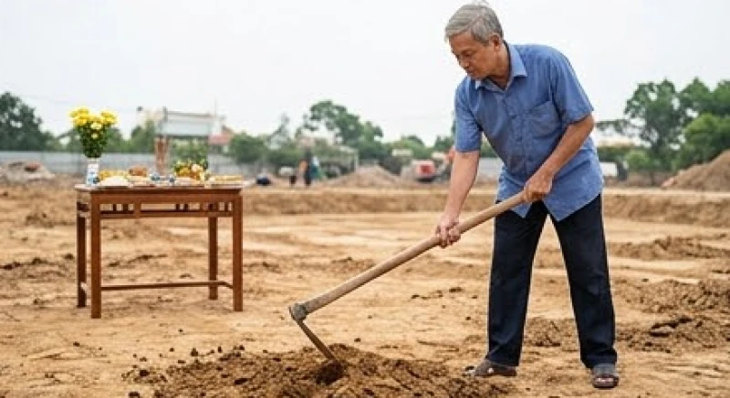 Người đàn ông được mượn tuổi đang cầm cuốc thực hiện những nhát cuốc tượng trưng đầu tiên để chính thức mở móng