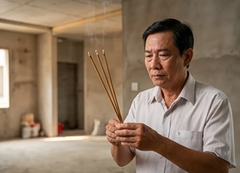 Người đàn ông đóng vai trò mượn tuổi cẩn thận đọc bài văn khấn Thần linh trong không gian nhà mới