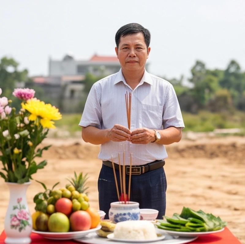 Người đàn ông đại diện mượn tuổi đang thắp nhang và làm lễ động thổ thay cho gia chủ