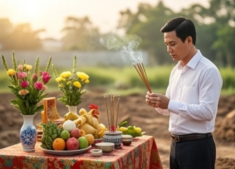 Tuổi Ngọ động thổ ngày nào tốt: Lịch từng can và thủ tục cúng lễ 10 Chủ sự đang thắp nhang tại mâm cúng động thổ ngoài trời trong khi gia chủ thật lánh mặt