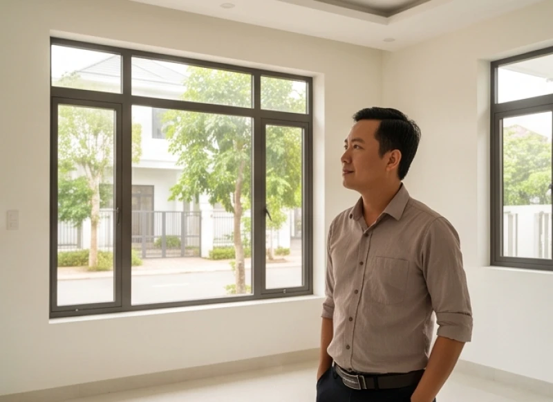 Người đàn ông trụ cột gia đình đang đứng trước ngôi nhà mới để chuẩn bị các thủ tục cúng bái