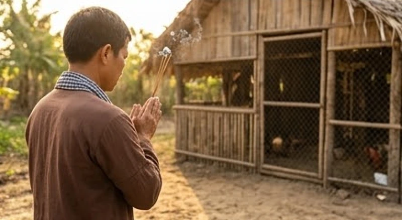 Văn khấn cúng chuồng gà: Cách sắm lễ và bài khấn chuẩn nhất 6 Người nông dân thành kính đứng chắp tay bái lạy và đọc bài khấn trước khu vực chuồng chăn nuôi gia cầm