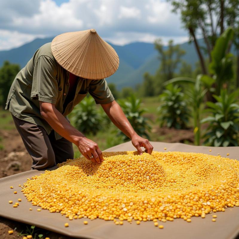 Người nông dân phơi ngô