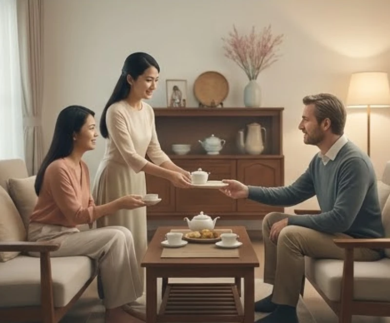 Mơ thấy nói chuyện với người nước ngoài: Giải mã theo bối cảnh 4 Chủ nhà hiếu khách đang mời trà một vị khách ngoại quốc đến thăm không gian sống của mình