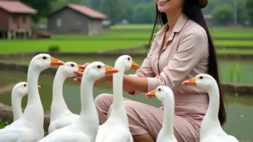 Người phụ nữ cho ngỗng trắng ăn