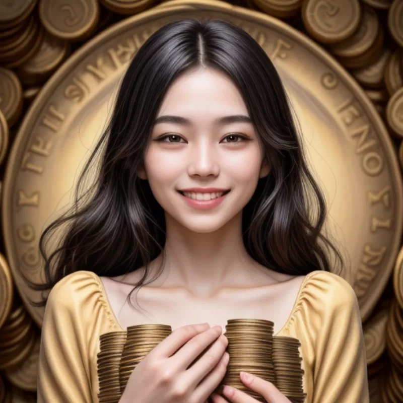 Người phụ nữ có nụ cười rạng rỡ đang cầm đống tiền vàng