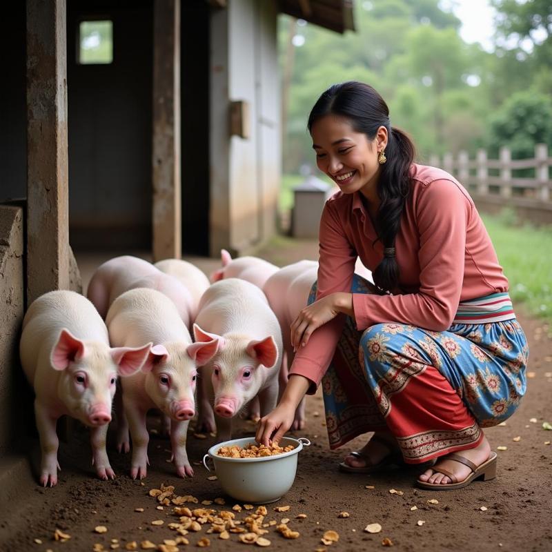 Người phụ nữ đang cho heo con ăn