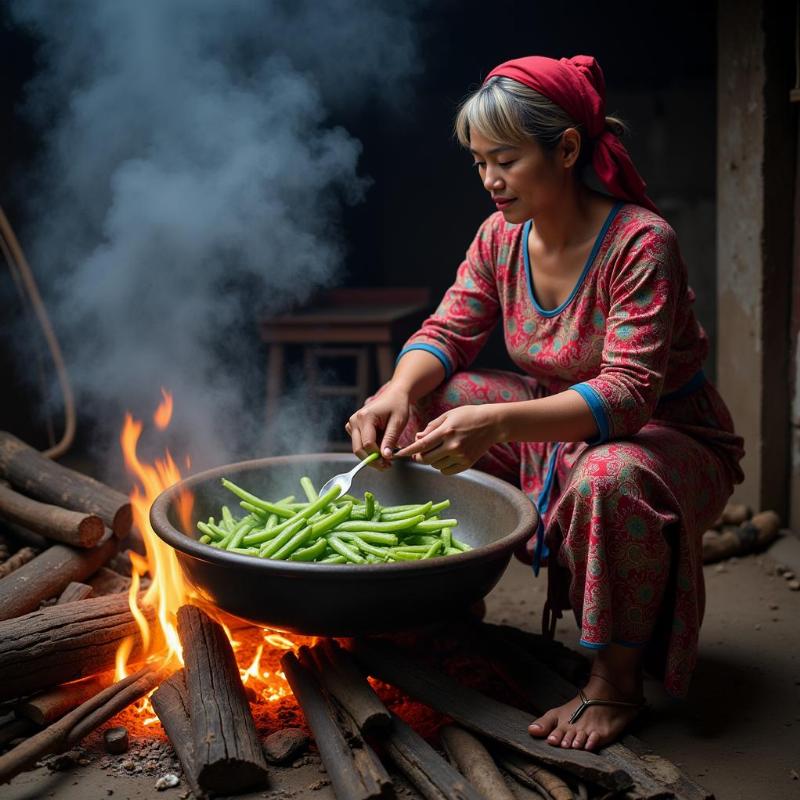 Người phụ nữ đang luộc cải xanh