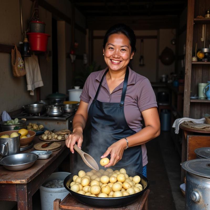 Người phụ nữ đang luộc khoai tây