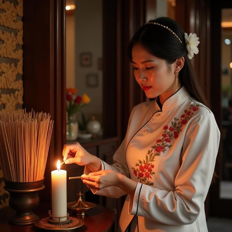 Woman lighting incense sticks