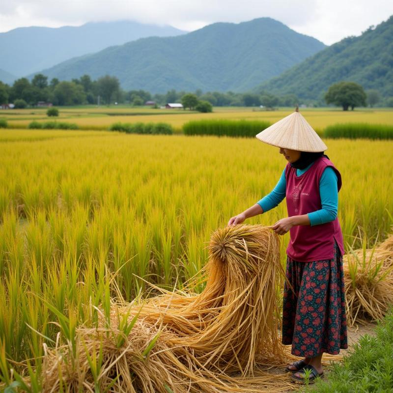 Người phụ nữ đang tuốt lúa