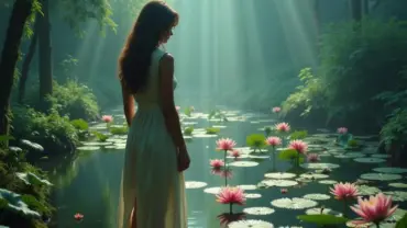 Người phụ nữ đứng bên ao hoa súng trong mơ