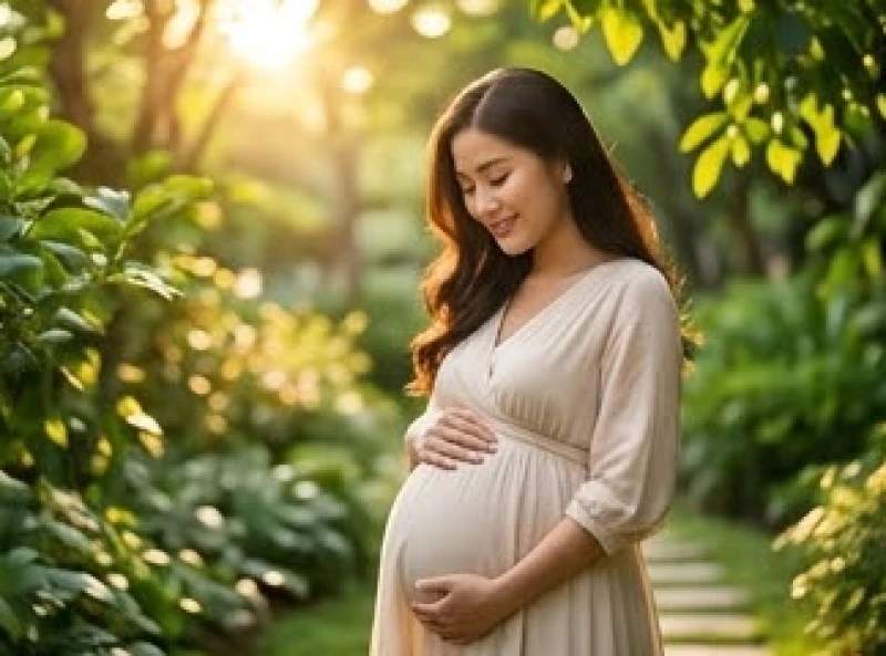 Người phụ nữ mang thai đang mỉm cười nhẹ nhàng khi dạo bước giữa không gian thiên nhiên