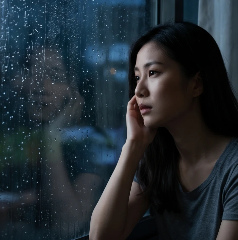Người phụ nữ trầm tư bên cửa sổ trong đêm tối vì ôm đồm quá nhiều việc gia đình