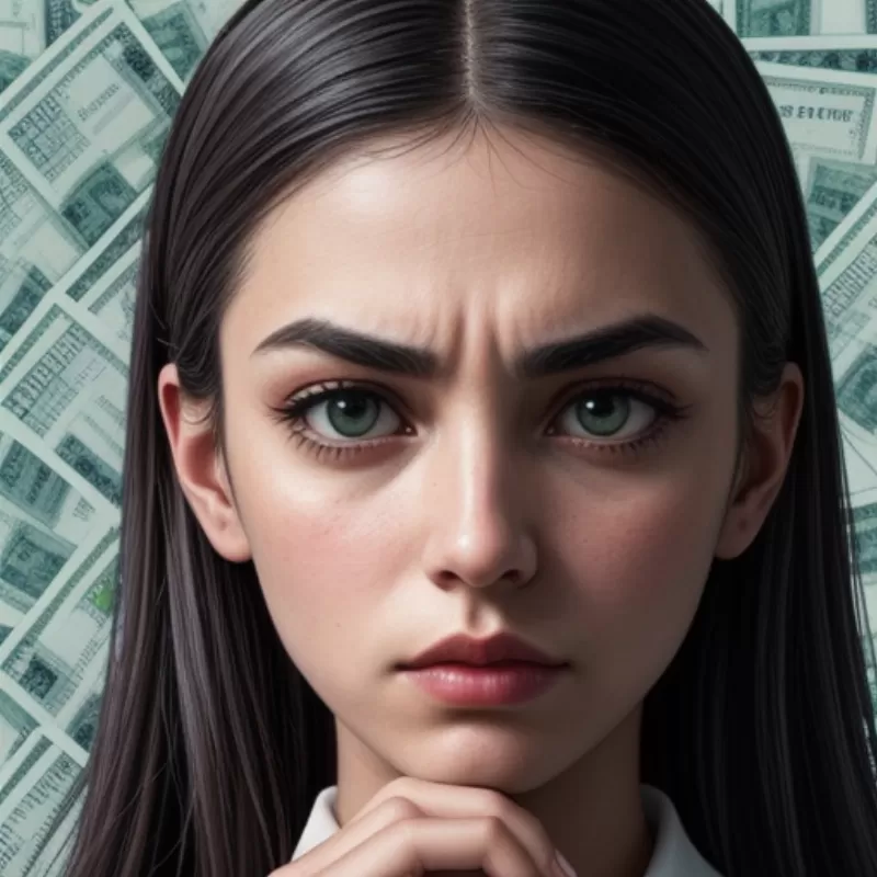 Woman Staring At a Stack of Money