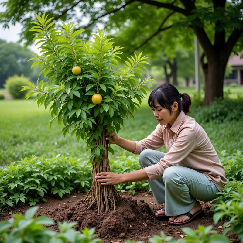 Người phụ nữ trồng cây me trong vườn