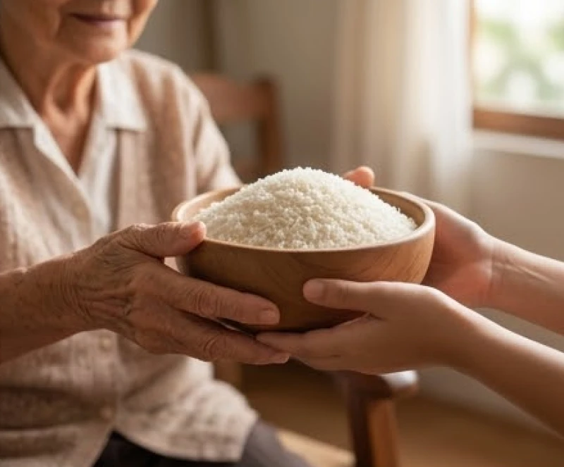 Bàn tay của người lớn tuổi ân cần trao bát gạo đầy cho người trẻ, thể hiện sự san sẻ và hỗ trợ tài chính từ gia đình