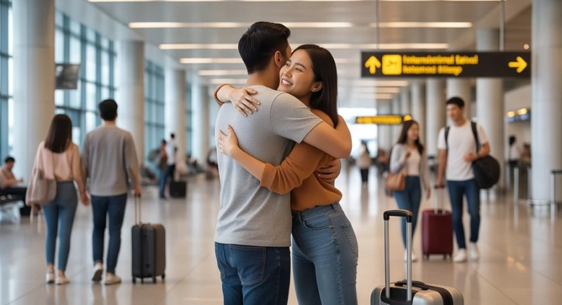 Mơ thấy đi nước ngoài làm việc: Điềm báo sự nghiệp & bộ số 3 Hai người ôm nhau tại sảnh đến của sân bay quốc tế tượng trưng cho sự phụ thuộc vào người quen