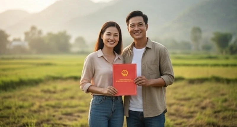 Hai vợ chồng vui vẻ cầm cuốn sổ đỏ đỏ chót đứng trước khu đất mới mua tràn ngập hy vọng