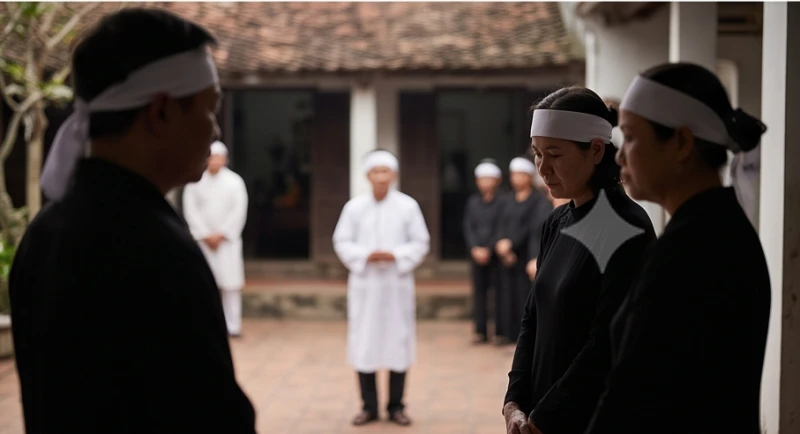 Văn khấn nhập quan: Bài cúng chuẩn truyền thống & sắm mâm lễ 8 Đám đông gia quyến mặc áo tang trắng đứng thành kính từ xa trong lúc tiến hành nghi thức