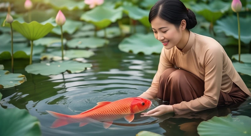 Mơ thấy cá chép đỏ: Giải mã điềm báo và cách hóa giải điềm xấu 5 Người phụ nữ mỉm cười thư thái ngắm nhìn đàn cá chép đỏ bơi lội dưới hồ nước sen thanh tịnh