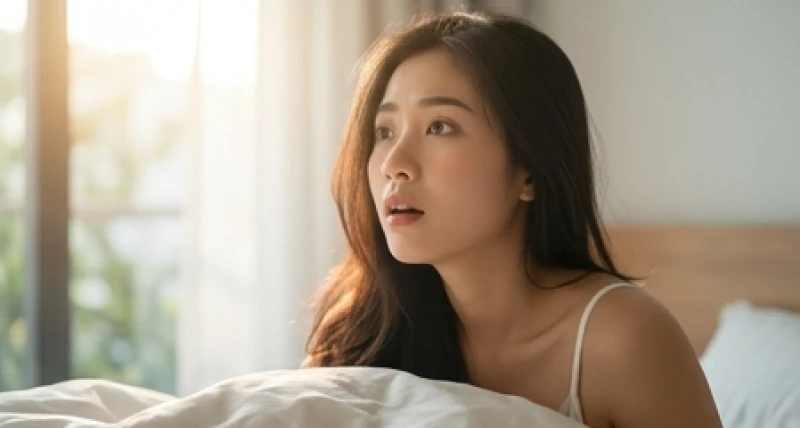 Người phụ nữ Việt Nam bừng tỉnh trên giường với vẻ mặt suy tư sau khi mơ thấy ong đốt