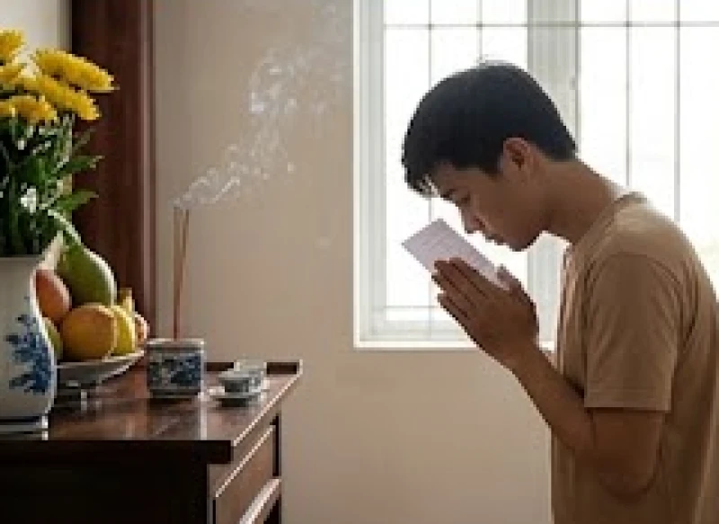 Thành viên trẻ trong gia đình thay mặt người bệnh dâng hương và đọc văn khấn sức khỏe đầu năm với thái độ cung kính