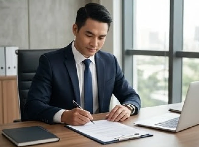 Người đàn ông trẻ tuổi tự tin ký kết hợp đồng hợp tác kinh doanh tại văn phòng