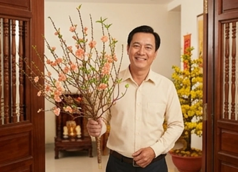 Vị khách trung niên tươi cười mang theo cành lộc xuân bước vào nhà sáng mùng 1 Tết