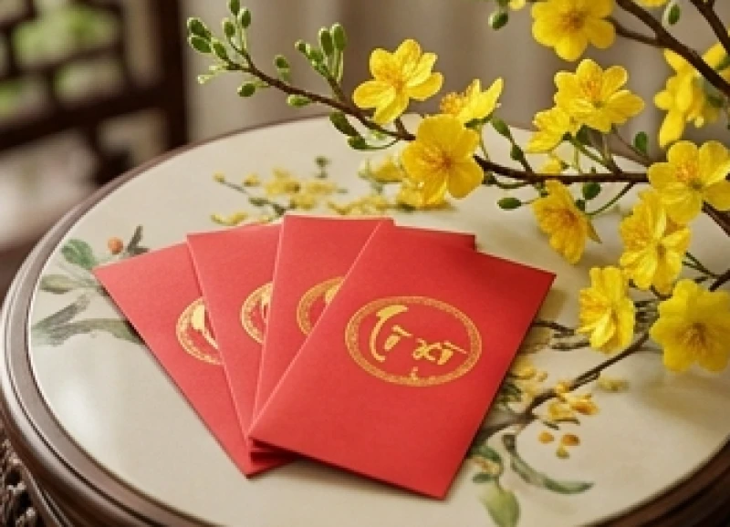 Phong bao lì xì đỏ và cành mai vàng rực rỡ mang đến sinh khí tốt lành khi chọn đúng người xông đất