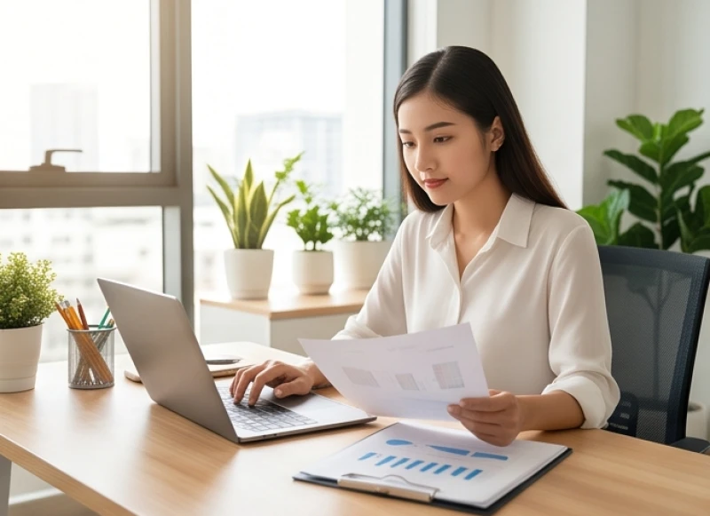 Nữ nhân viên văn phòng tuổi Mùi đang cẩn thận sắp xếp hồ sơ và làm việc trên máy tính