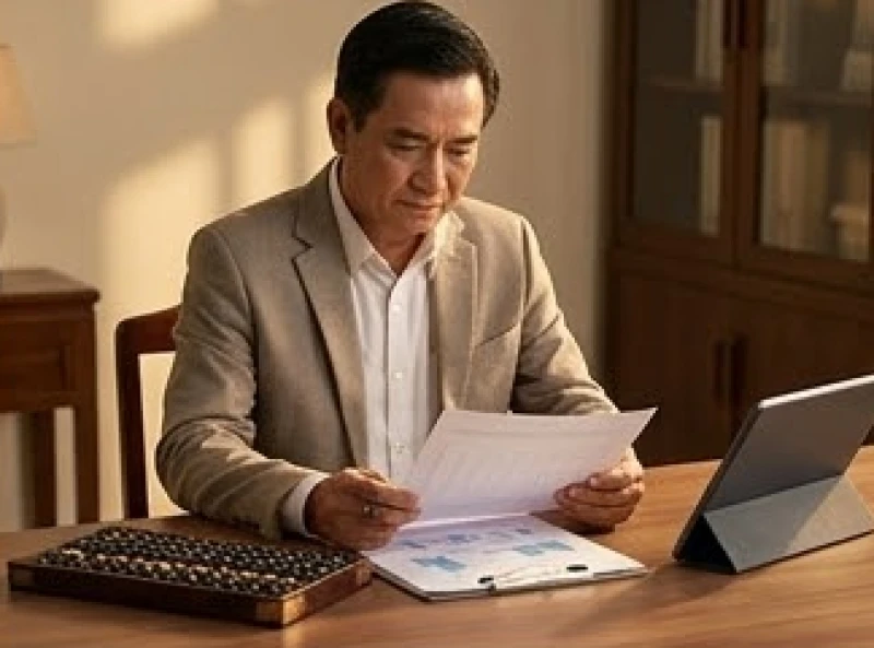 Người đàn ông trưởng thành cẩn trọng xem xét tài liệu kinh doanh để tránh rủi ro tài chính trong năm tam tai