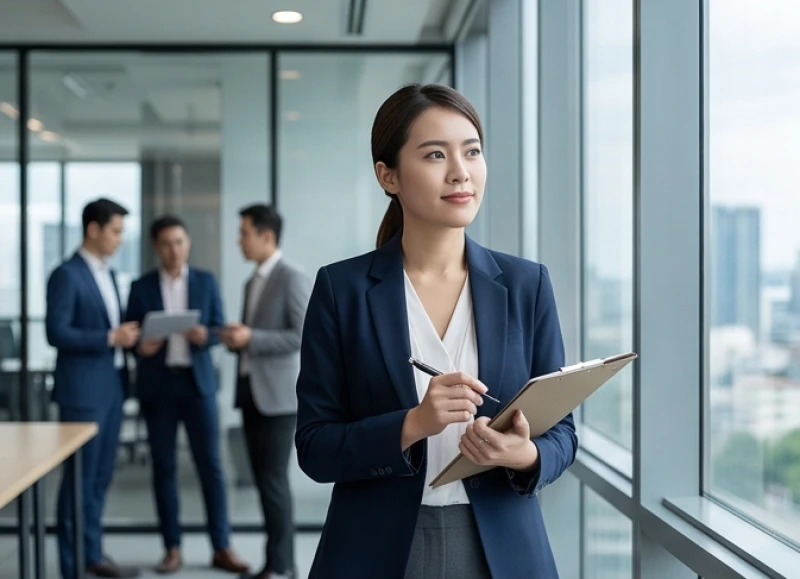 Nữ doanh nhân quyết đoán đứng trong văn phòng điều hành công ty với phong thái tự tin