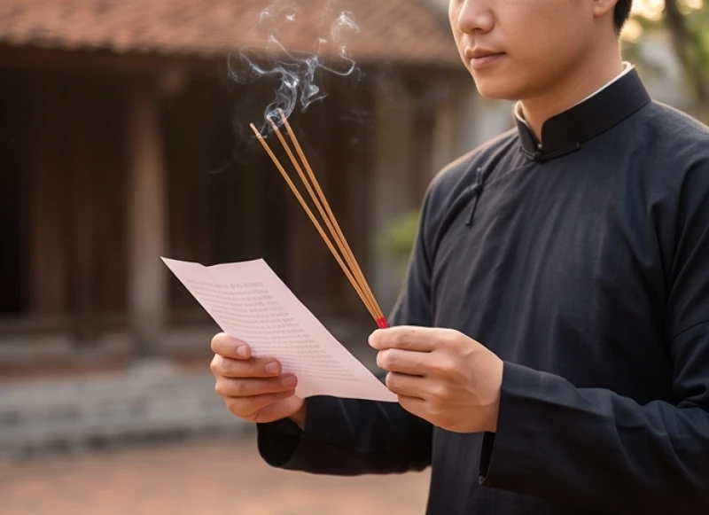 Văn khấn tạ lễ Tam Tai cuối năm: Mâm cúng, ngày giờ và bài khấn 11 Người chủ lễ hai tay chắp nén hương ngang ngực, mắt nhìn thẳng bái vọng và đọc văn khấn trước bàn cúng
