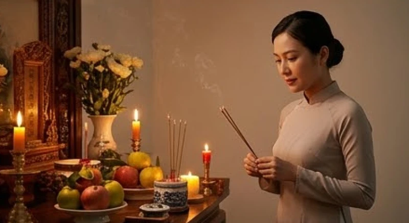Cách ghi tên người khấn đúng chuẩn nghi thức: Công thức điền mẫu sớ 5 Người phụ nữ trong trang phục nhã nhặn đang thành tâm dâng hương tại ban thờ với danh xưng Chánh thất